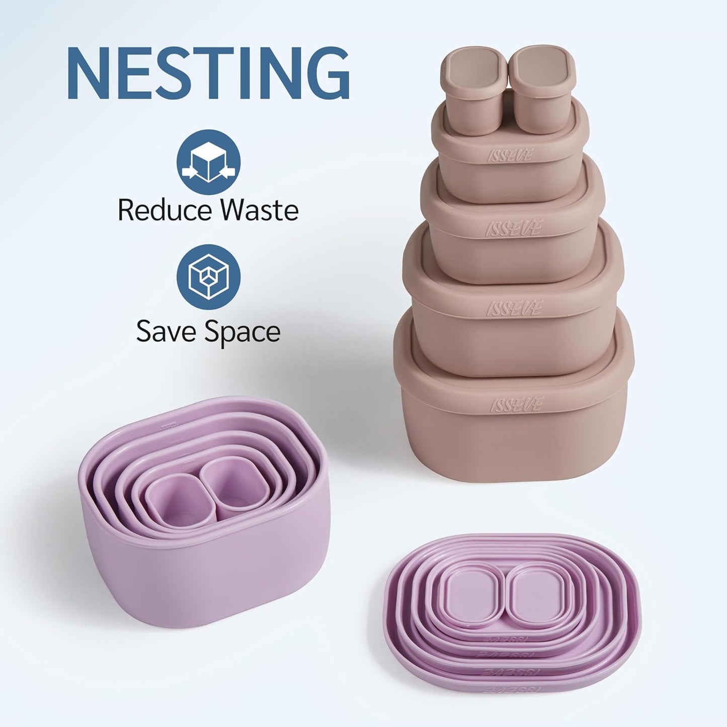 ISSEVE 12Pcs/Set Nesting Silicone Food Storage Containers with Lids, BPA Free Reusable Meal Prep Silicone Containers Airtight, Freezer Dishwasher Safe (33.8oz, 20oz, 10oz, 6.7oz, 1.3oz) (Beige)