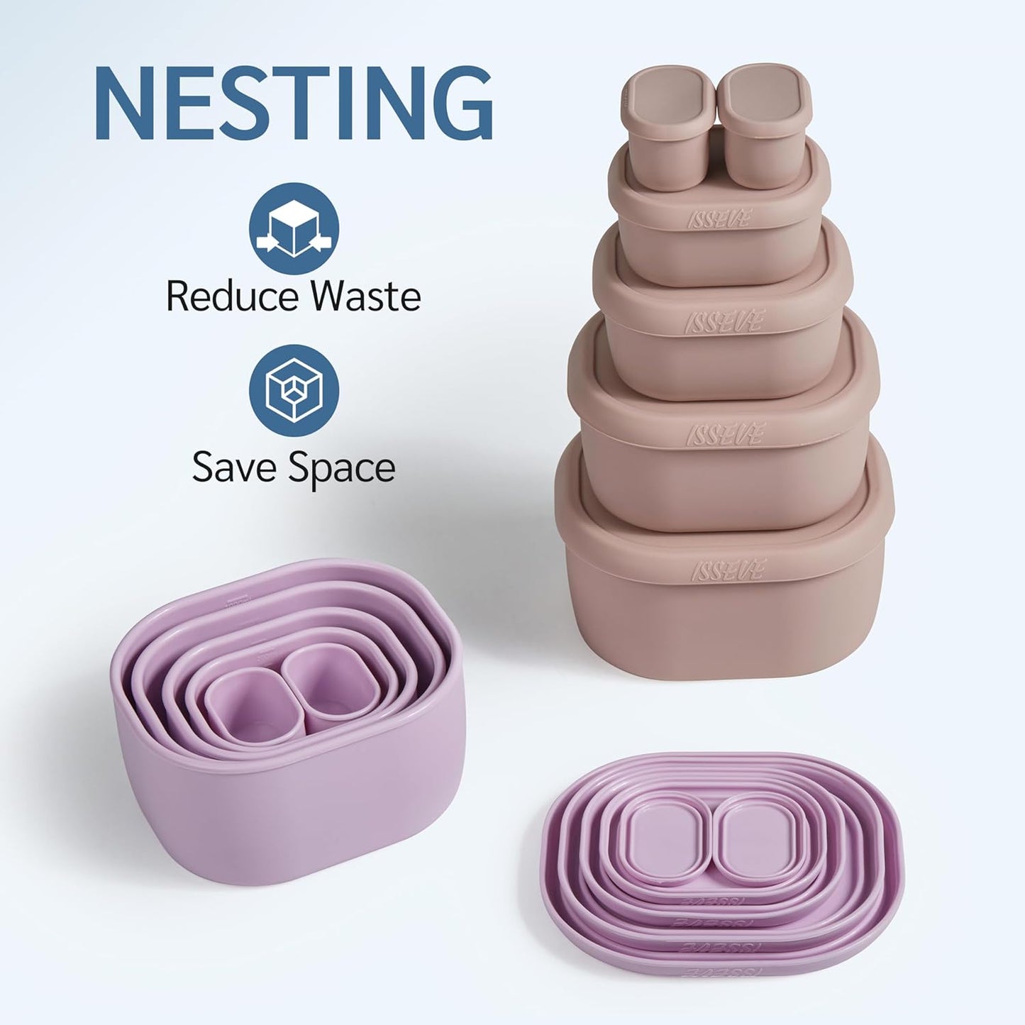 ISSEVE 6Pcs/Set Nesting Silicone Food Storage Containers with Lids, BPA Free Reusable Meal Prep Silicone Containers Lunch Box Bento Box Set (33.8oz, 20oz, 10oz, 6.7oz, 1.3oz) (Purple)
