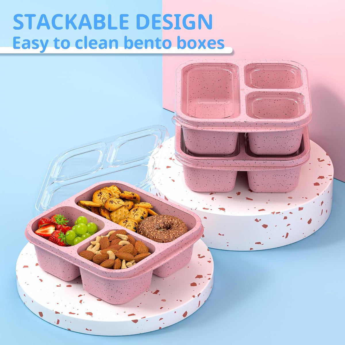 Snack Boxes (3 Pack) - Stackable Bento Boxes with 3 Compartments, Meal Prep Containers Reusable, Lightweight Lunch Containers for Kids and Adults, BPA Free (Blue)