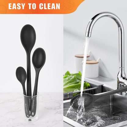 3 Pcs Silicone Spoons Set of 7.9 10.6 14.2 inch for Cooking, Heat Resistant Kitchen Spoons for Mixing, Stirring, and Serving, Small to Large Non Stick (Green)
