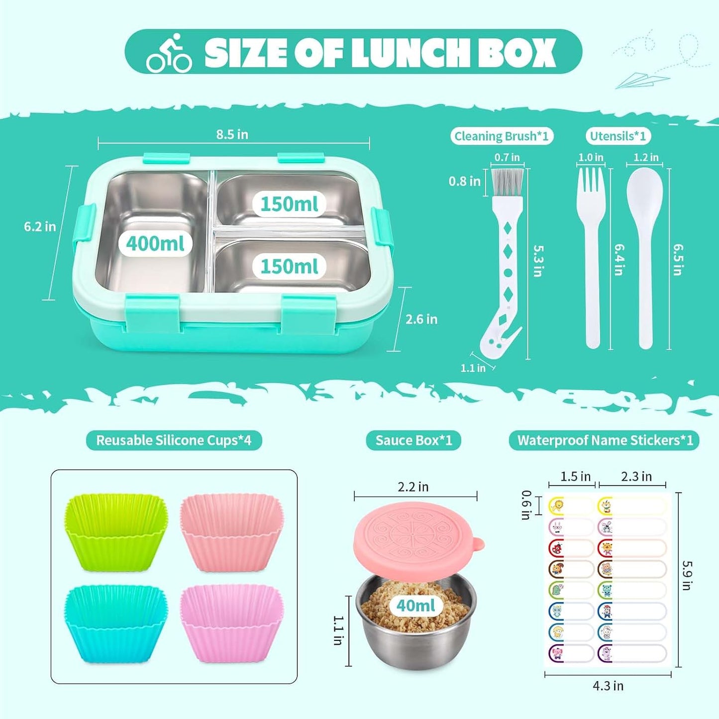 Kids Stainless Steel Bento Box, 3 Compartments Leakproof Lunch Box, Portable Food Storage Containers with Silicone Lids BPA-Free for Office, Picnics, Travel, Blue
