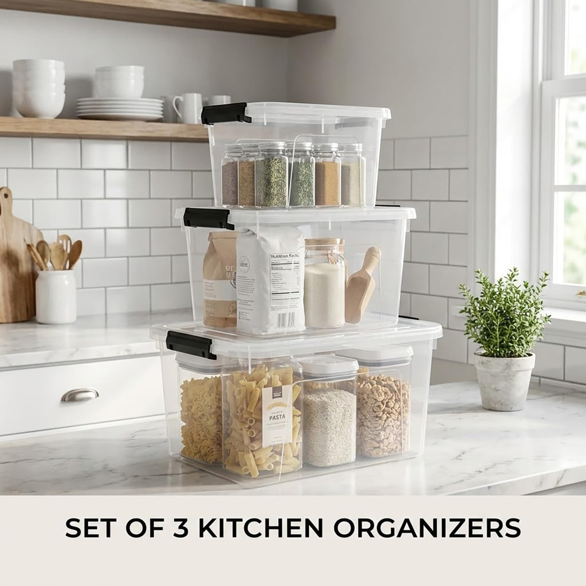 Plastic Storage Bins with Lids, 2 Pack Mixed Sizes (7 Qt, 16 Qt) Clear Black with Lid Stackable Organizer Boxes with Latches for Closet, Pantry, Bathroom, Office