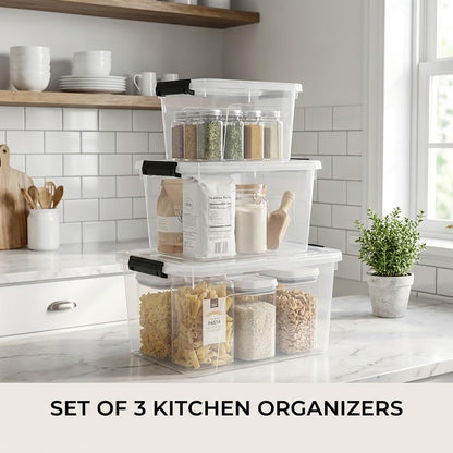 Plastic Storage Bins with Lids, 2 Pack Mixed Sizes (7 Qt, 16 Qt) Clear Black with Lid Stackable Organizer Boxes with Latches for Closet, Pantry, Bathroom, Office
