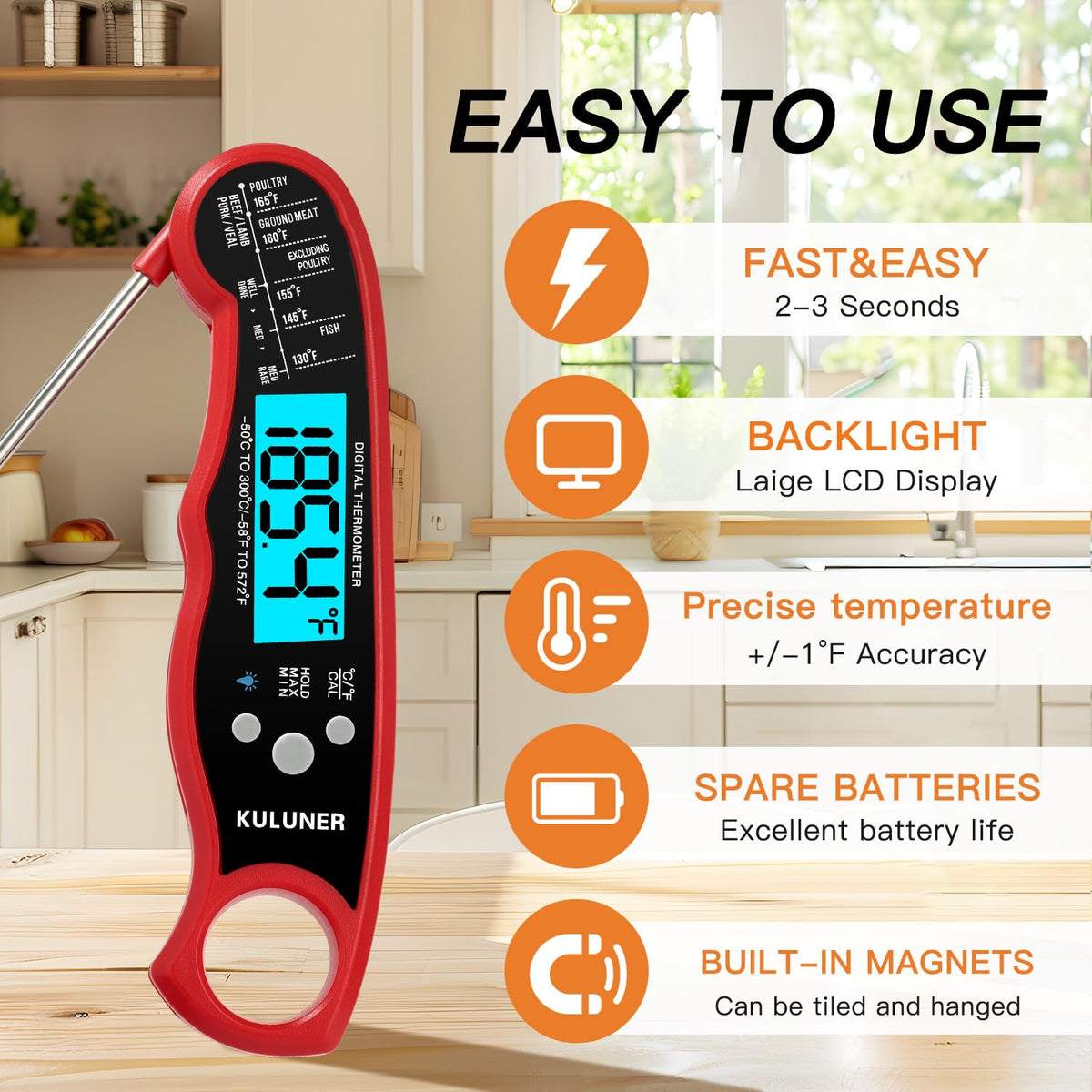 KULUNER Digital Instant Read Meat Thermometer for Cooking, Food,Grill