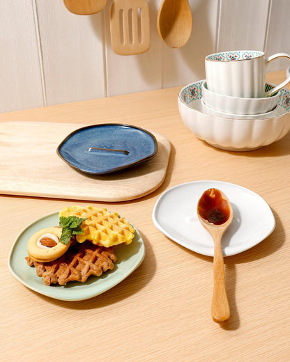 Ceramic Spoon Rest with Egg Cracker, Reactive Glaze Blue