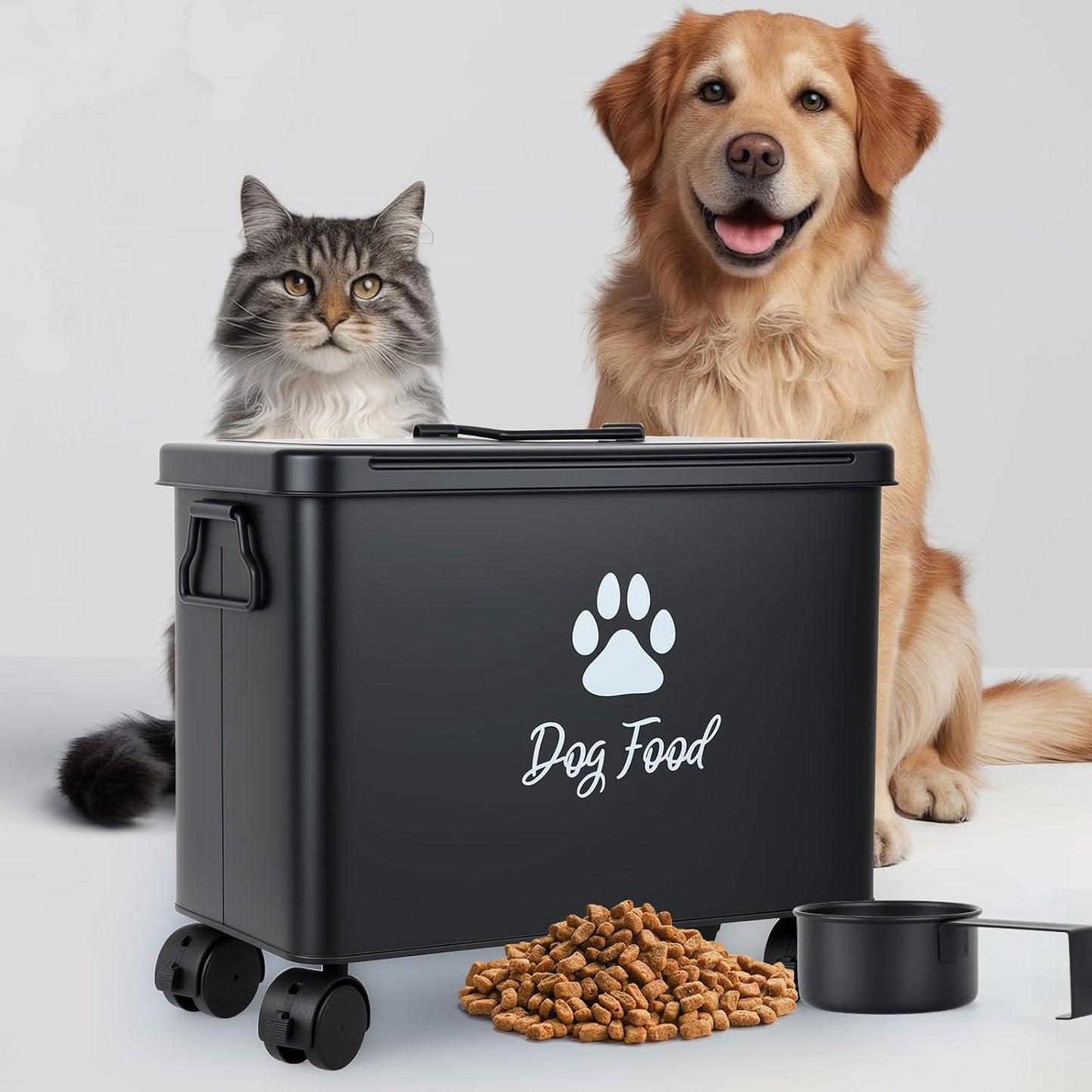 Dog Food Container 13lb, Cute Airtight Pet Food Storage Containers with Metal Lid Scoop, Black Metal Storage Bin for Dog/Cat with Wheels,Easy to Move