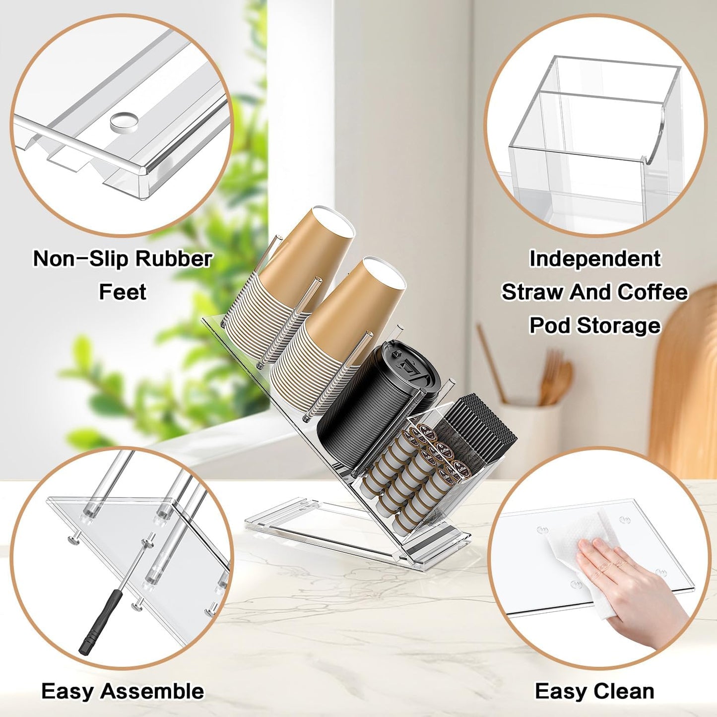 Acrylic Cup and Lid Holder with Straw Organizer, Adjustable Coffee Cup Holder Organizer, 5 Compartment Cup Dispenser for Disposable Paper & Plastic Cups, for Station Home Countertop(Patent in Effect)