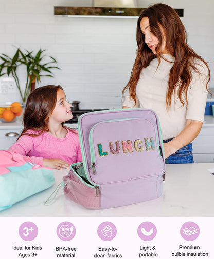 Amersun Kids Insulated Lunch Box- Water-Resistant, Reusable Cute Lunch Tote Bag with Water Bottle Holder & Multi-Pocket-Ideal for Ages 3+ Girls, Boy, School,Travel(Purple)