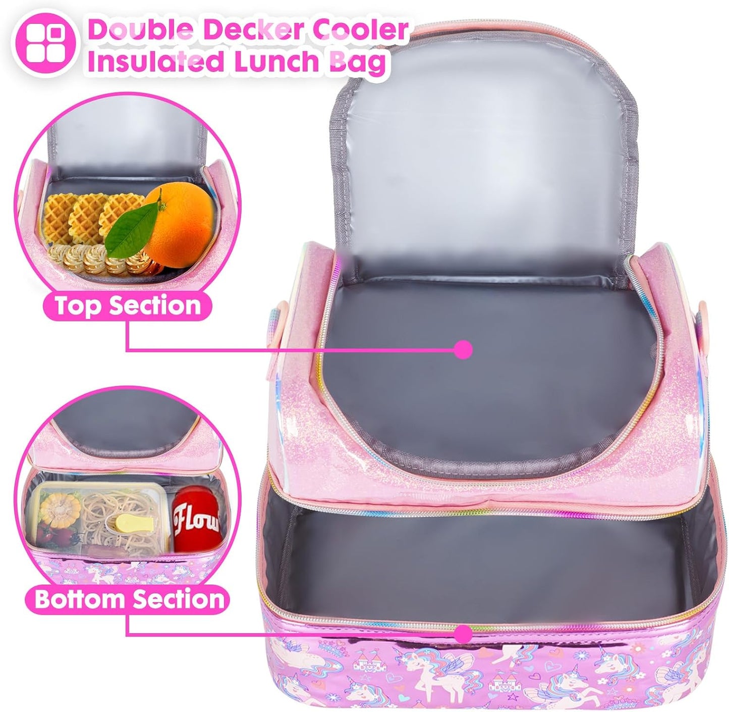 Kids Double Decker Cooler Insulated Lunch Bag, Back to School Large Meal Tote for Boys, Girls, Men, Women, with Adjustable Strap, Soccer