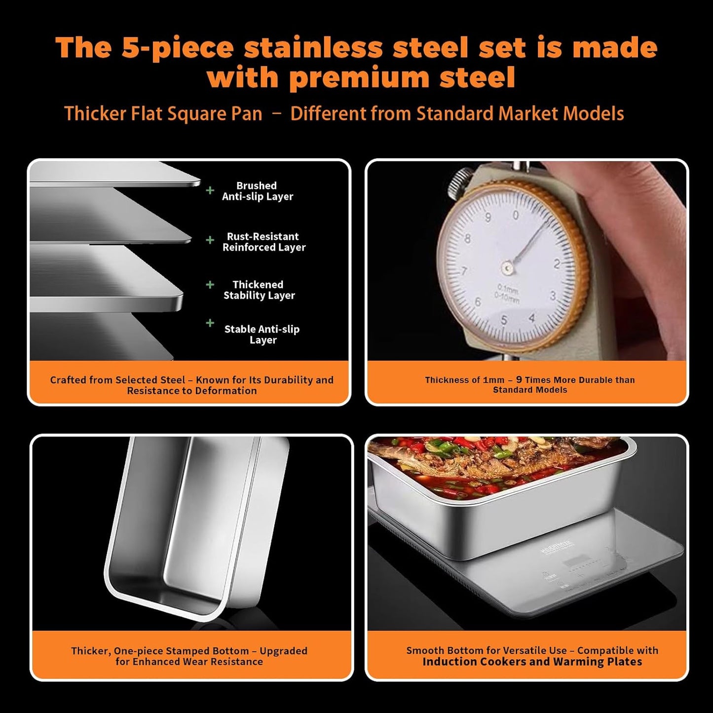 5-Piece Grill Carry System, Large Stainless Steel Grill Prep Trays for BBQ and Oven Use with Oil Drain Rack, Marinade Container with Lid, Nested Storage, Grilling Prep and Serve Trays