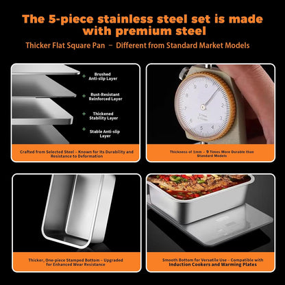 5-Piece Grill Carry System, Large Stainless Steel Grill Prep Trays for BBQ and Oven Use with Oil Drain Rack, Marinade Container with Lid, Nested Storage, Grilling Prep and Serve Trays