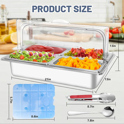 Countertop Ice Food Serving Display Tray with 4 Pan, Salad Bar Buffet Station for Home, Cold Food Buffet Server, Pizza Topping Station, Cold Buffet Table Serving Station for Party