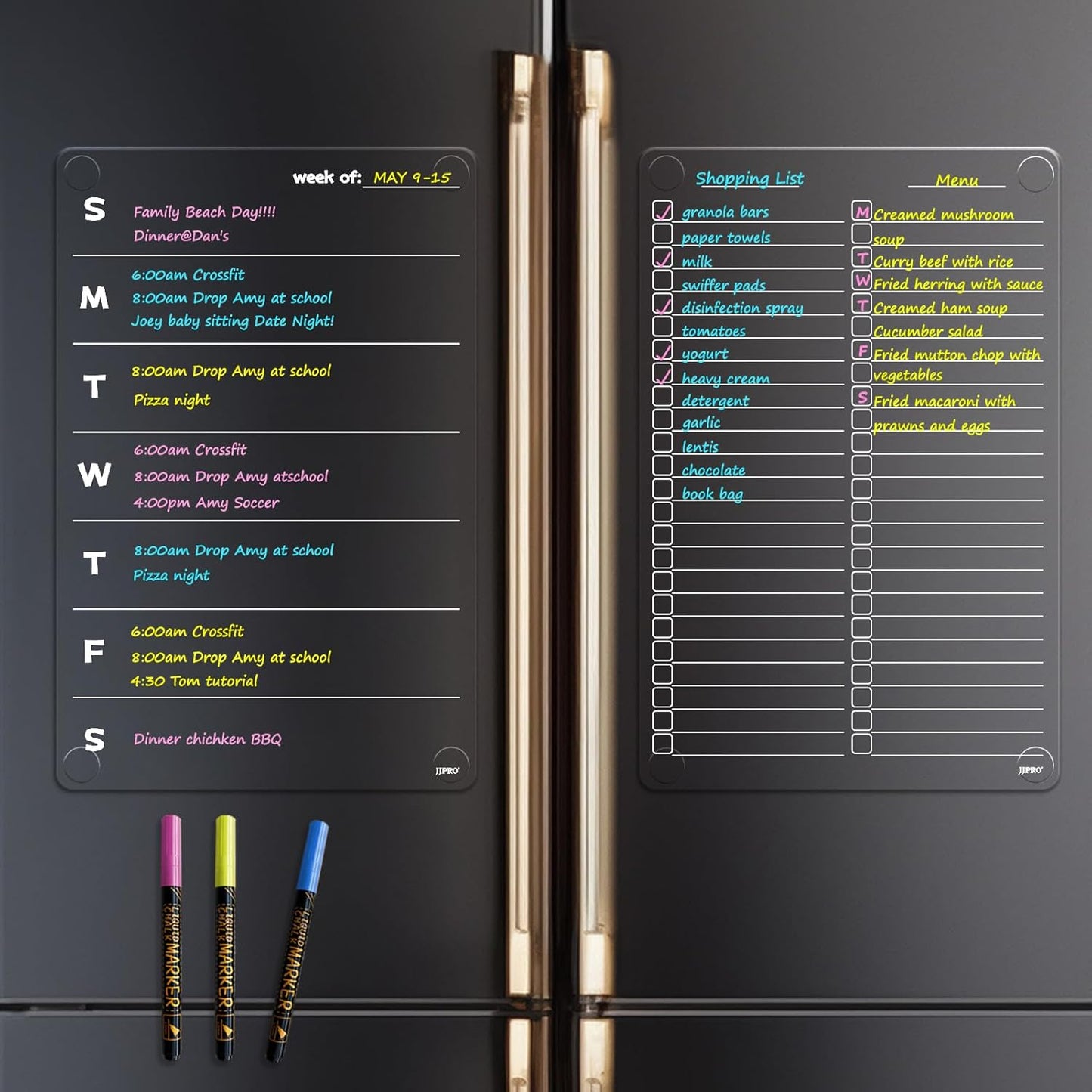 JJPRO Non Magnetic Dry Erase Calendar for Fridge-Reusable Monthly&Weekly Planning Board, List and Blank Board for All Smooth Surfaces. Clear Reusable Board Sticks to Fridge,Wall,Door&Glass