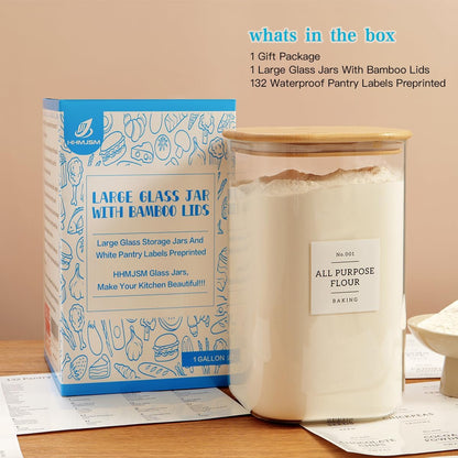 Large glass flour and sugar containers with 132 Kitchen Pantry Labels - 110 oz Glass Food Storage Containers with Airtight Lids - Square Glass Jars with Bamboo Lids for Rice, Pasta, Cookies, grain