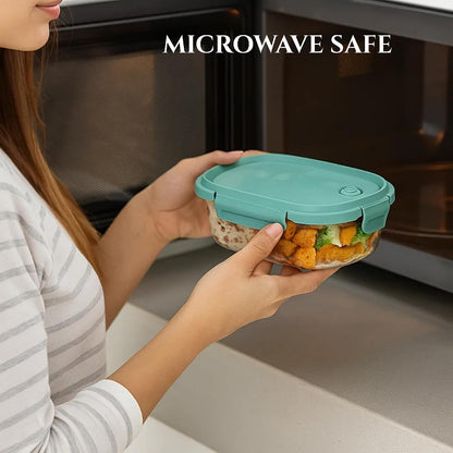 Neoflam 2 Compartment Glass Food Container with Airtight Lid – Divided Oval Bento Lunch Box with Vent, Reusable Meal Prep Storage, Microwave, Oven & Dishwasher Safe (37 oz, 1.1 Liter, 4.6 cups)