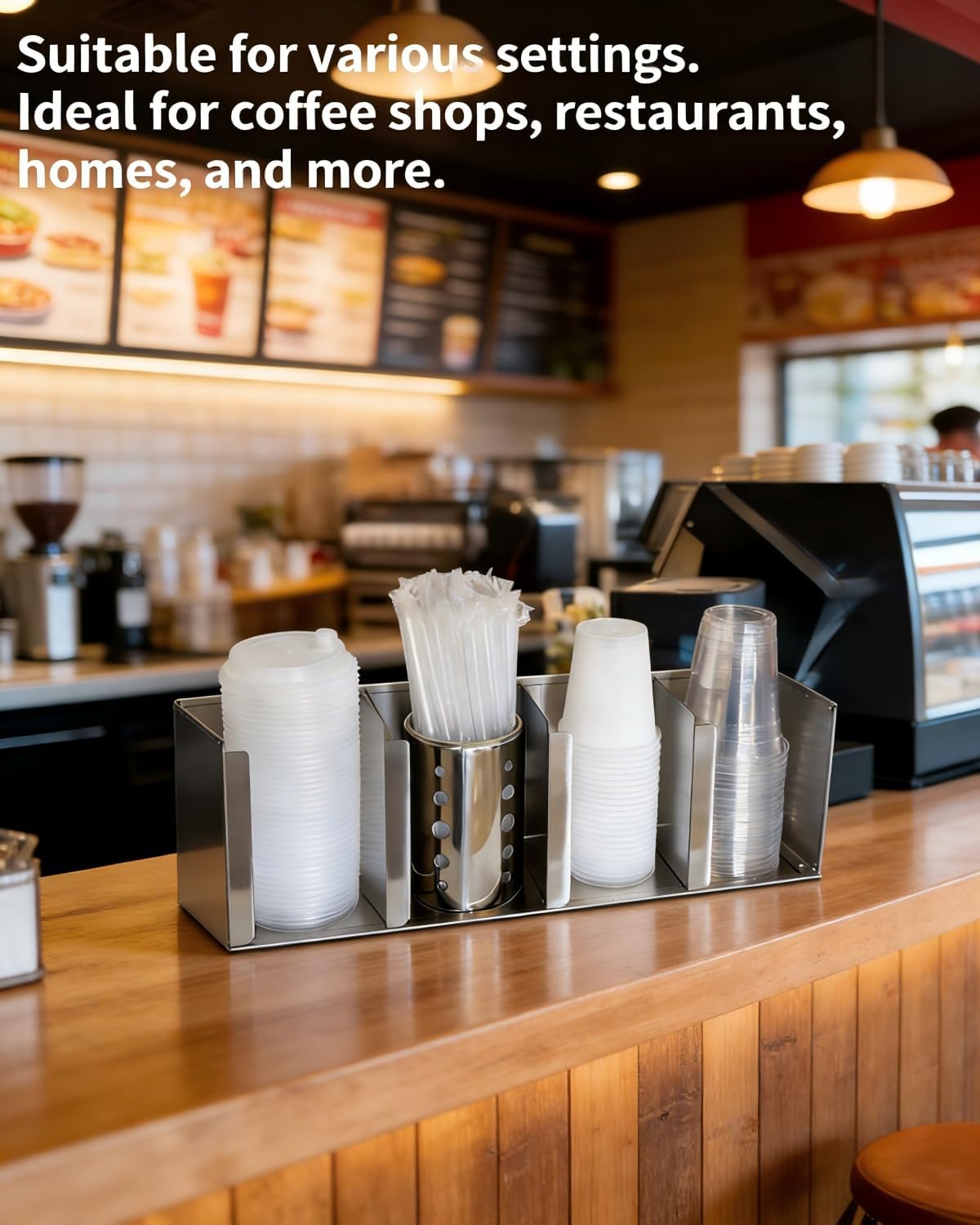 Stainless Steel Cup Dispenser,3 Compartments Cup Holder and Lid Holder with Adjustable Dividers,Cup Organizer for Kitchen Cabinets Cafe Shop Restaurant,Includes Straw Holder