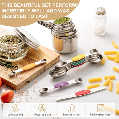EWFEN Measuring Cups and Spoons Set, 7 Stainless Steel Nesting Measuring Cups & 7 Spoons, 5 Mini Measuring Spoons & 2 Detachable Rings, Kitchen Gadgets for Cooking & Baking, Round