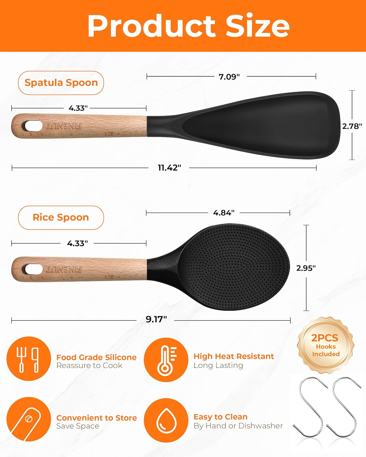 Cooking Spoon Multifunction Spoonula Silicone Spatula Spoon 2-Pack, Dual-Use Heat Resistant 446°F, BPA-Free Non-Toxic Wooden Handle Rice Spoon Set for Non-Stick Cookware & Rice Cookers (Black)