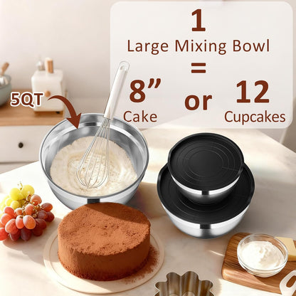 9 Pack Mixing Bowls with Airtight Lids & Grater Attachments, Khaki