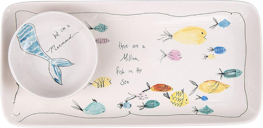 Creative Co-Op Coastal Stoneware Serving Platter and Dip Dish with Mermaid and Sea Life Illustrations, Multicolor