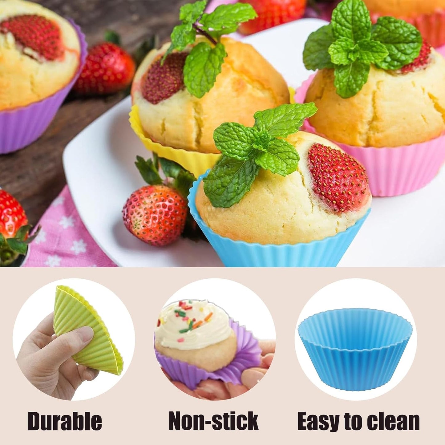 12 Pack Reusable Baking Silicone Molds, Round Cupcake Liners, Silicone Baking Cups Multicolor, Easy Clean, Heat Resistant, Muffin Cups for Homemade Birthday