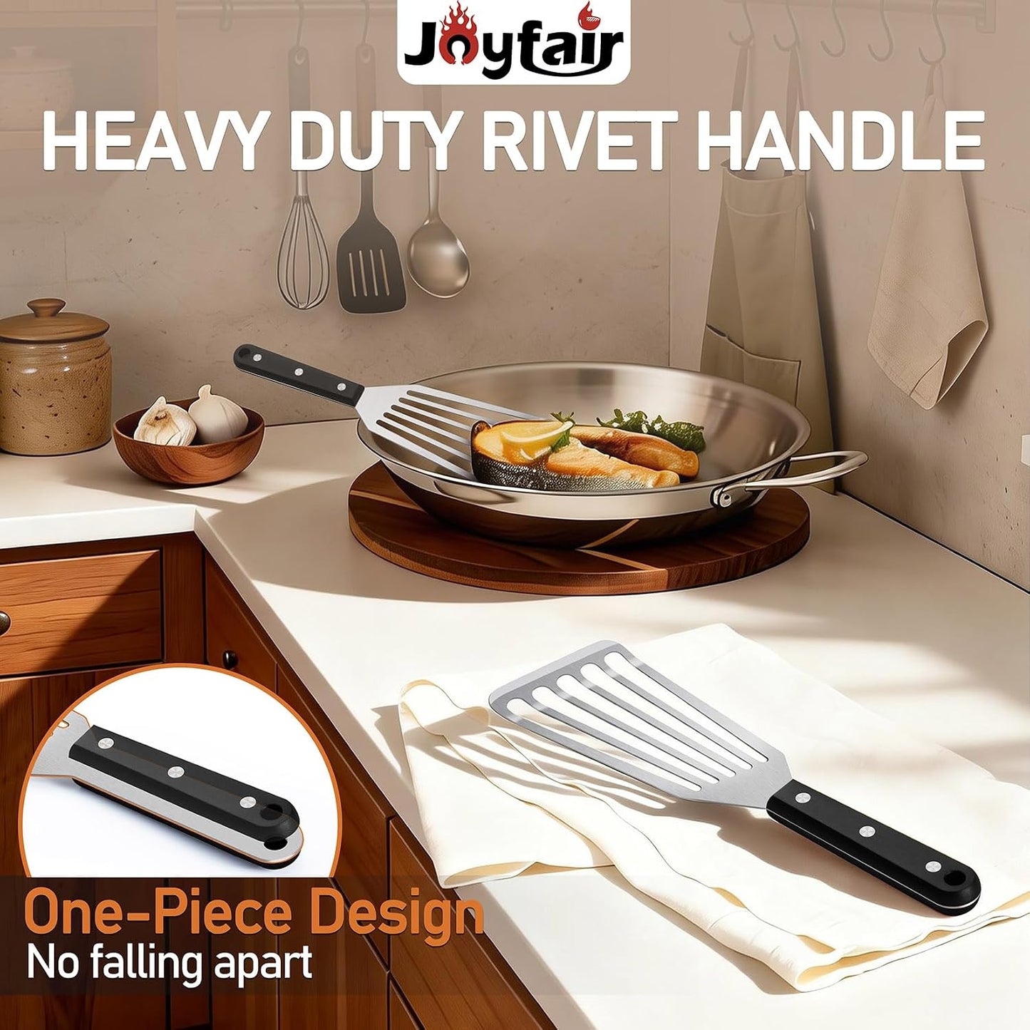Joyfair Metal Fish Spatulas, 2 Pcs Stainless Steel Turner (ABS Handle) | Flexible Blade, Dishwasher Safe, Slotted Turner Utensil for Kitchen Cooking & Outdoor Griddle Grilling Flipping, Large&Small