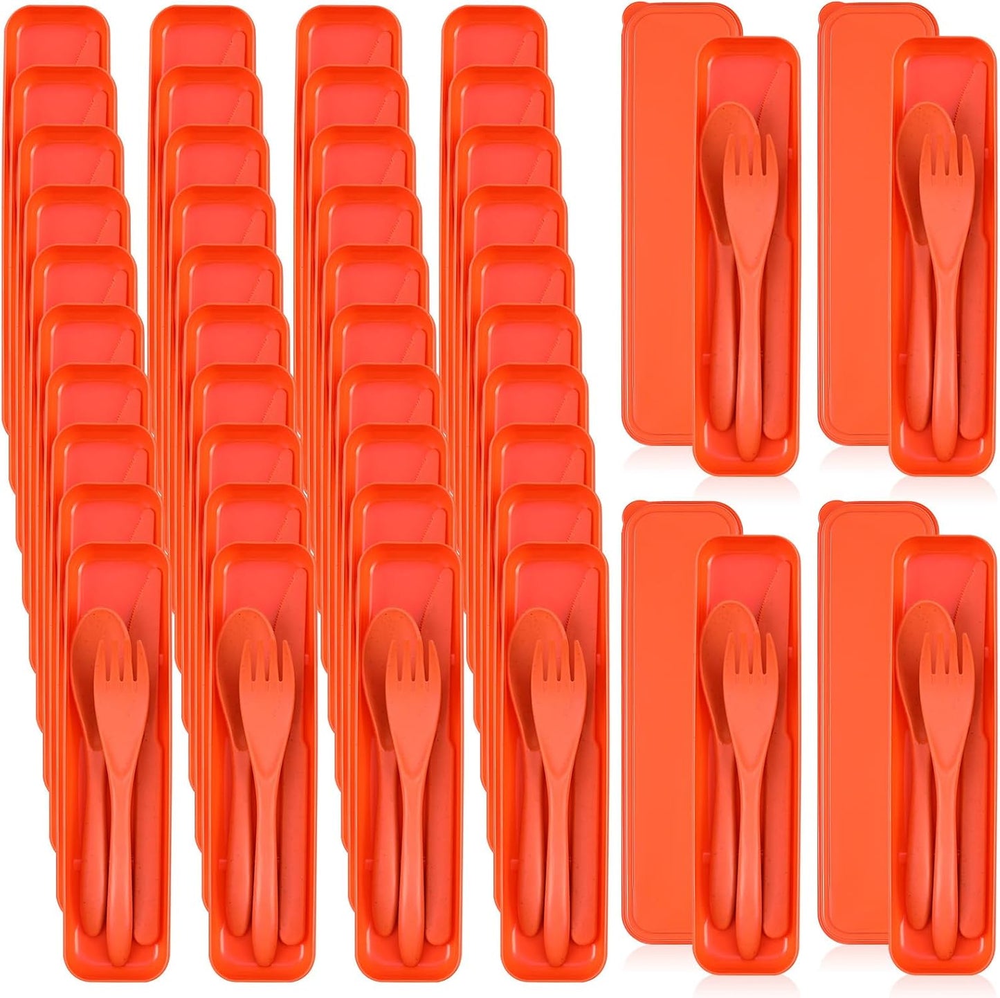 Jinei 50 Sets Reusable Travel Utensils Set with Case Wheat Straw Cutlery Portable Spoon Knife Forks Lunch Box Accessories Friendly Tableware for Kids Adults Camping Utensils(Bright)