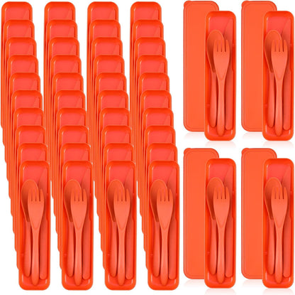 Jinei 50 Sets Reusable Travel Utensils Set with Case Wheat Straw Cutlery Portable Spoon Knife Forks Lunch Box Accessories Friendly Tableware for Kids Adults Camping Utensils(Bright)