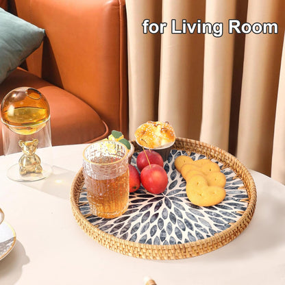 Round Rattan Tray with Mother of Pearl Inlay, Rattan Serving Tray for Coffee, Bread, Fruits, Decorative Wicker Tray for Table Decor, Home Decor, Kitchen Island Decor(Black Checkerboard, 11.8")