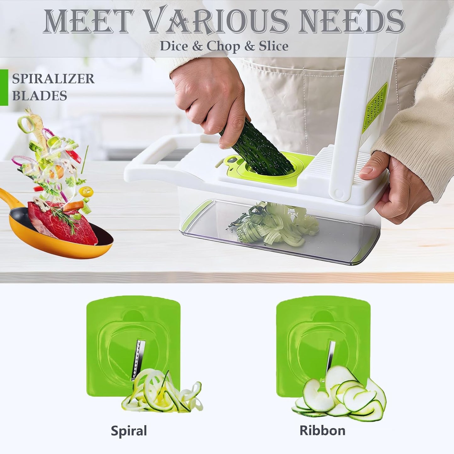 Vegetable Chopper Dicer with Container | Cheese Grater Mandoline Slicer Cabbage Shredder French Fry Cutter Stainless Steel for Veggie Onion Potato Fruit Food, Manual Hand Cooking Gadget for Kitchen