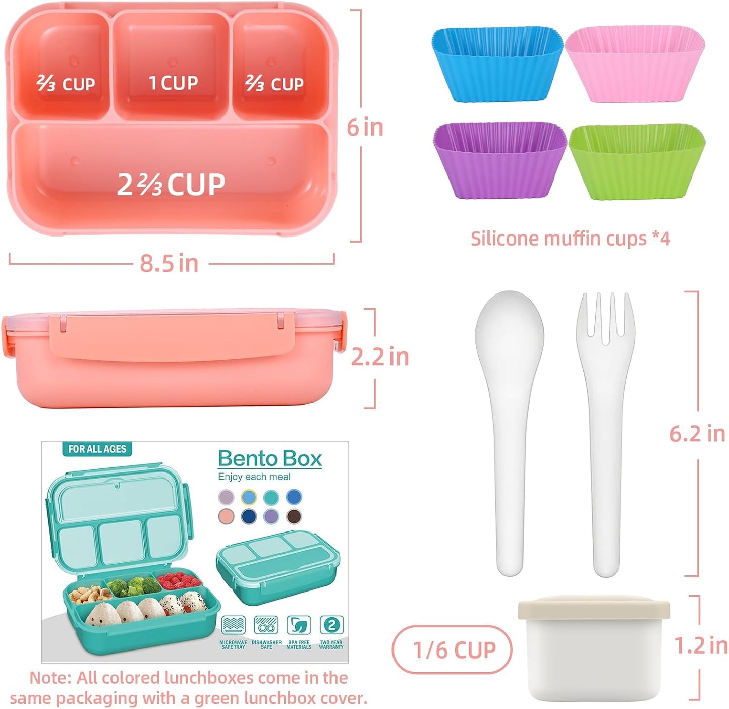 QQKO Bento Lunch Box for Kids Girls Boys, Toddler Kids Lunch Boxes for School, Lunch Containers for Adults with 4 Compartments, Sauce Container, Utensils, Food Picks and Muffin Cups, Purple
