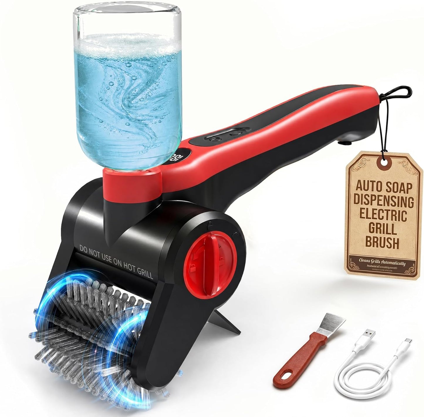 Electric Grill Brush, 100W High Power Cordless BBQ Cleaner with 300ml Water Spray Tank, IPX8 Waterproof Automatic Scrubber for Gas Charcoal Grills, 2-Speed Rechargeable Power Brush with Scraper