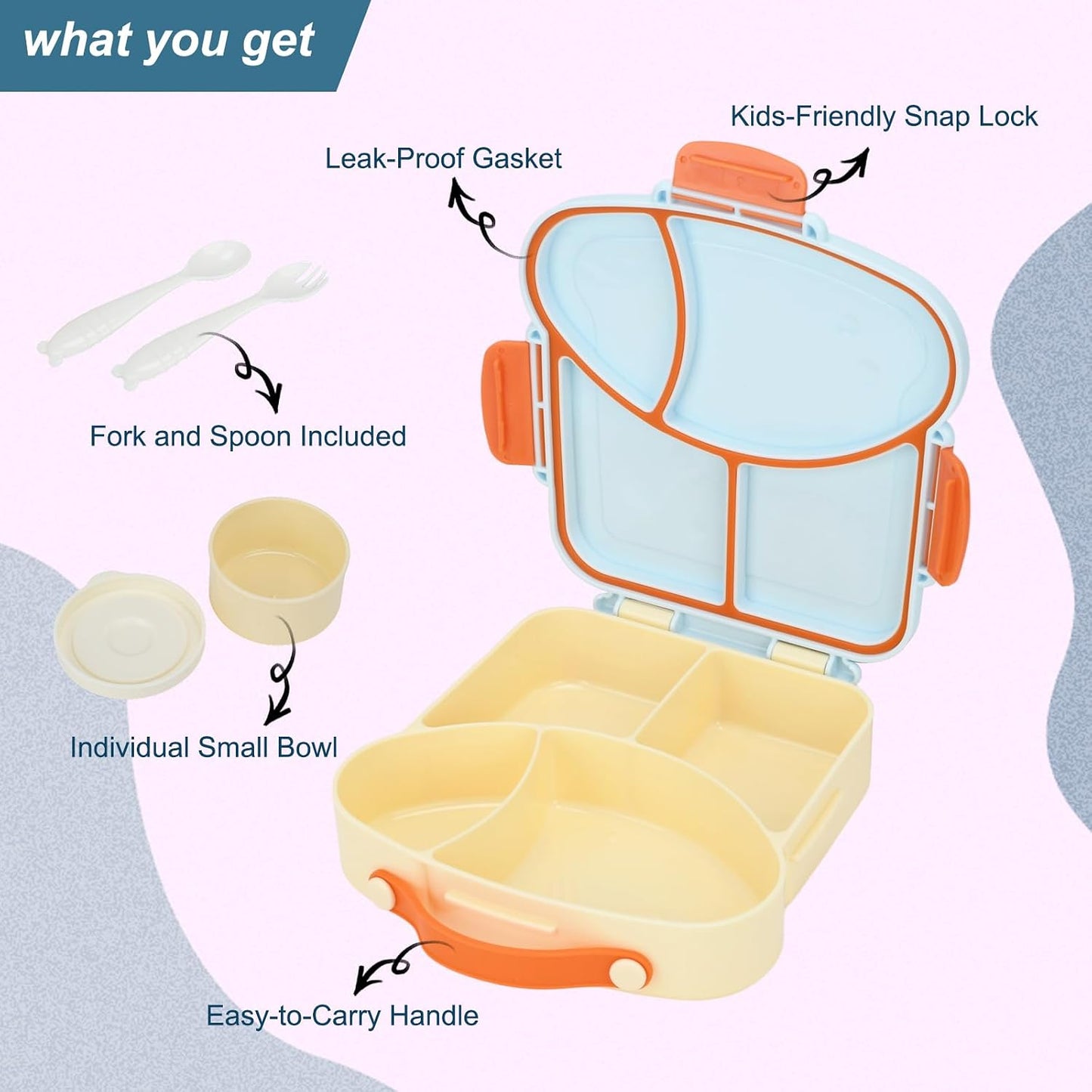 Bento Box for Kids School Lunch Box with Utensils and a Dipping Bowl, Leak-Proof 4 Compartments with Carrying Handle, BPA-Free Bento Box for Girls and Boys in School, Preschool, Daycare (Purple)