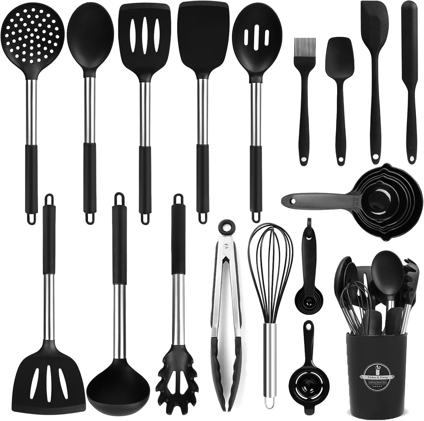 KSENDALO Cooking Utensils Set of 26 - Non Toxic Black Silicone Kitchen Utensils Set with Spoons, Heat Resistant Tong, Whisk & Holder, Dishwasher Safe