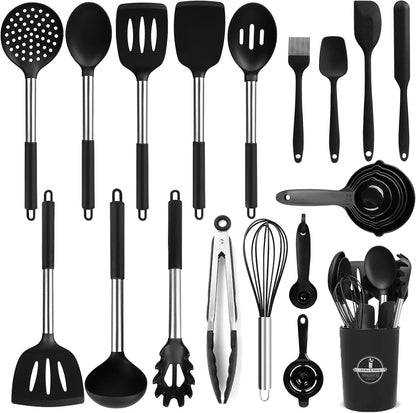 KSENDALO Cooking Utensils Set of 26 - Non Toxic Black Silicone Kitchen Utensils Set with Spoons, Heat Resistant Tong, Whisk & Holder, Dishwasher Safe