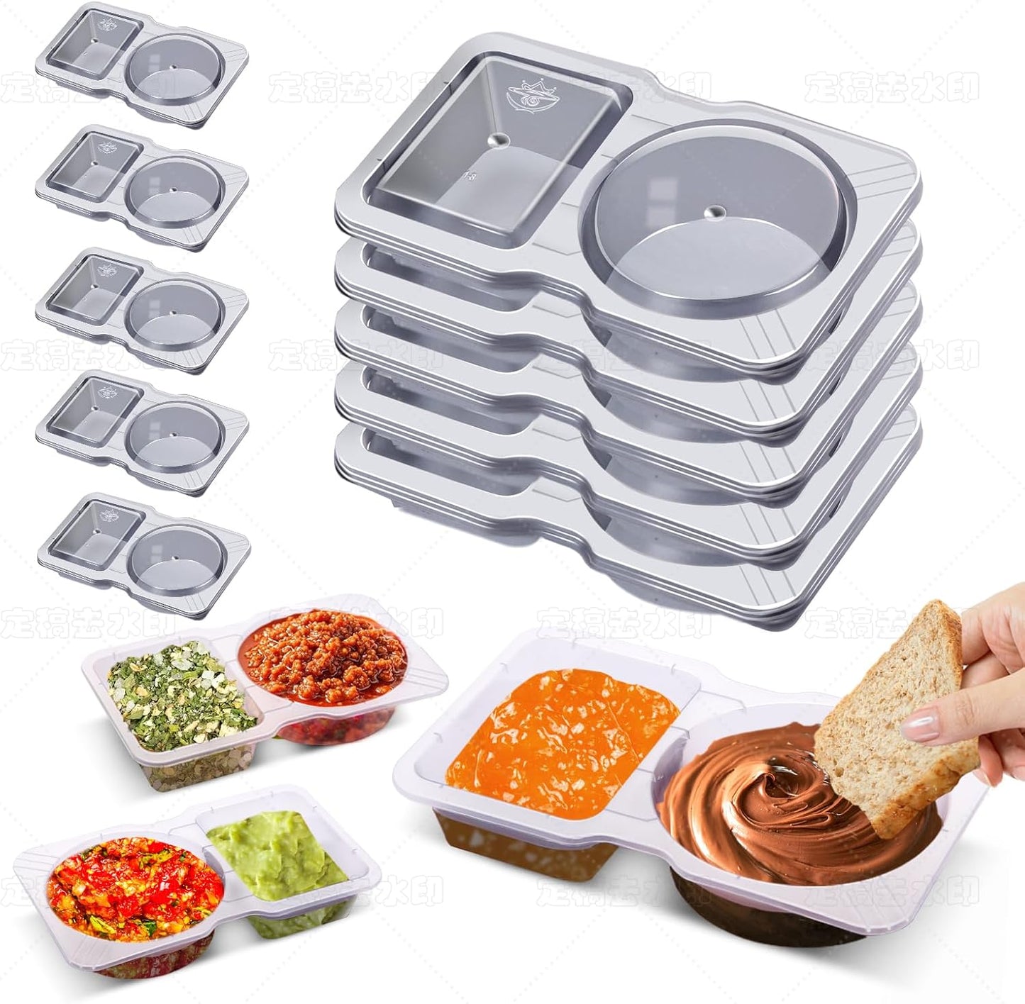 Qewro 15 Sets Snack Containers, Reusable Double Compartment Condiment With Lids 2 Portion Snack Containers Sauces Dip, Disposable Box to Grab and Go with Prep For Adults, On The Go For Kids