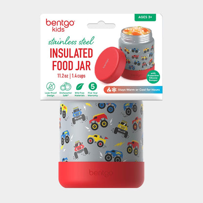 Bentgo Kids Stainless Steel Food Jar - 11oz Leak-Proof Double Insulated Hot or Cold Food Container with Removable Silicone Bumper, Dishwasher Safe, Easy Open Lid, Ages 3+ (Trucks)