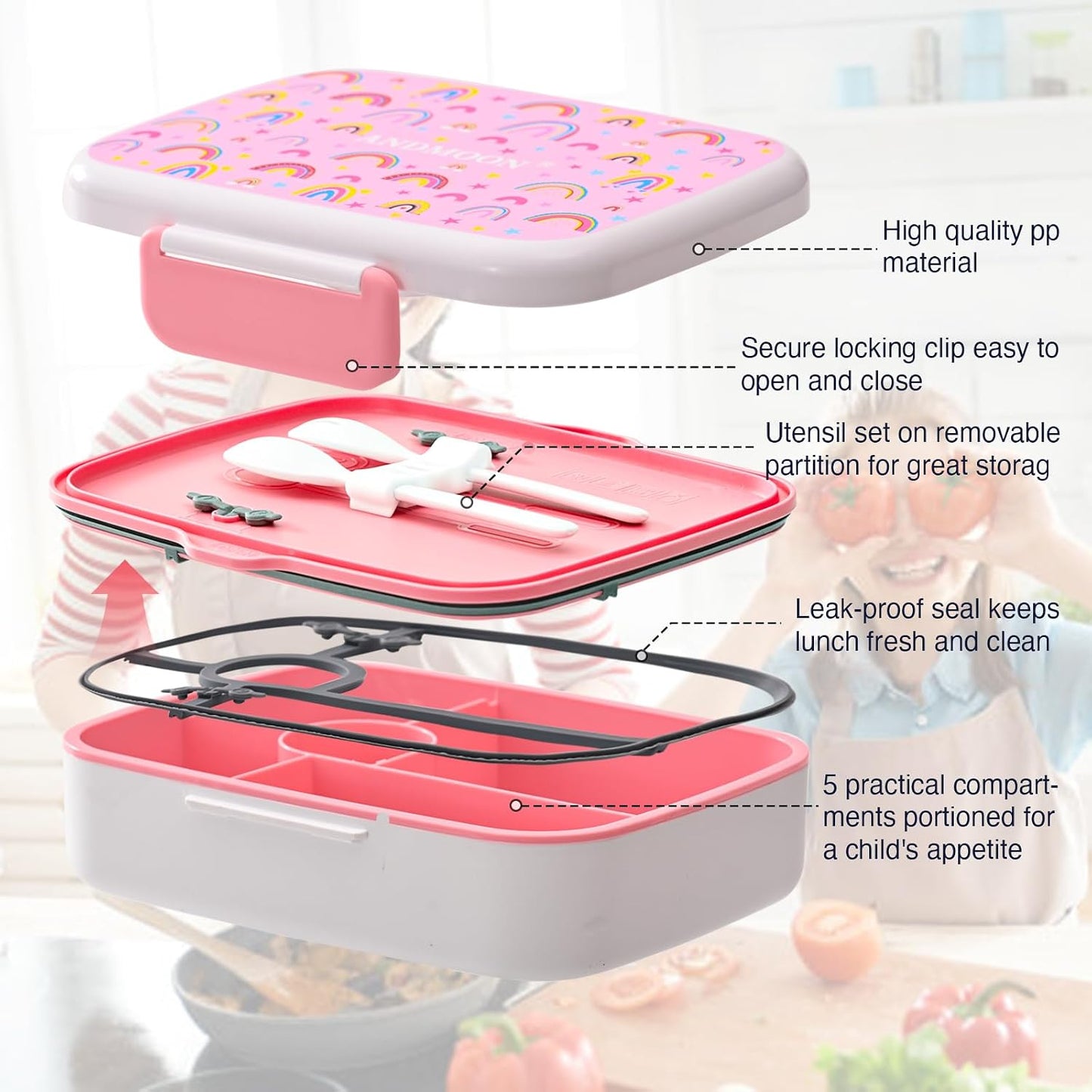 Bento Box for Kids Lunch Box Leak-Proof, Bento Lunch Box with 5 Compartments, Lunch Containers with 3 Silicone Baking Cups, Microwave/Dishwasher Safe (43OZ) (Pink with snack cup)