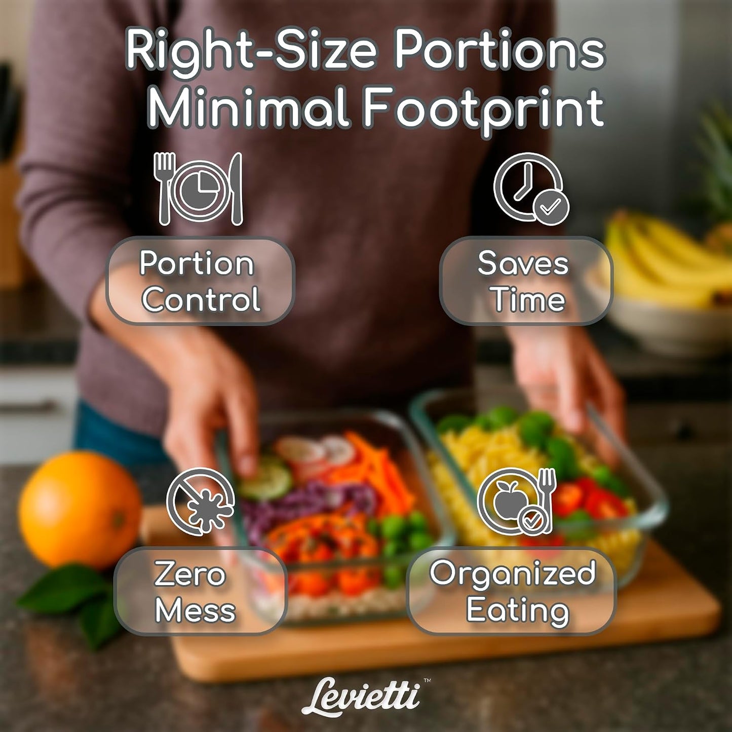 Levietti 2-Pack Borosilicate Glass Food Storage Containers with Lids 35oz (1040 ml) — Airtight Leakproof Meal Prep Containers, BPA-Free Snap Lock Lids, Oven Microwave Freezer Dishwasher Safe