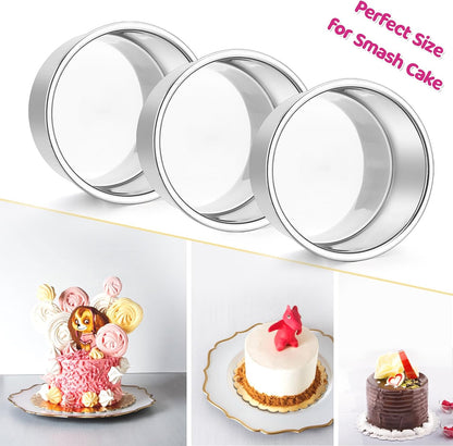 E-far 4 Inch Small Cake Pan, Stainless Steel Mini Round Smash Cake Baking Pans, Non-Toxic & Healthy, Mirror Finish & Dishwasher Safe