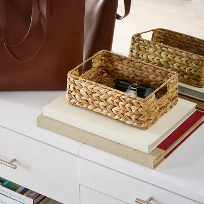 3-Pack Woven Water Hyacinth Baskets with Handles, Decorative Natural Storage Organizers for Closet Shelves, Pantry Essentials, Bathroom Accessories & Home Organization, X-Small, 7.5 x 10.75 x 4 Inches