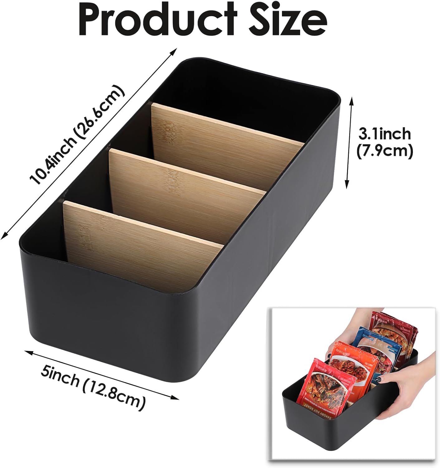 BSTKEY Seasoning Packet Organizer, Food Storage Organizer with Divided 4 Bamboo Wood Compartments, Black Plastic Storage Caddy for Pantry Cabinet, Kitchen Organization Bin for Snacks Spice Packets