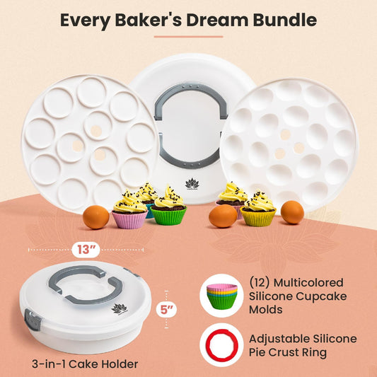 Premium 4 in 1 Cupcake Carrier with Lid - Cupcake, Deviled Egg, Pie & Cake Container - Includes Pie Crust Shield & 12 Silicone Baking Cups
