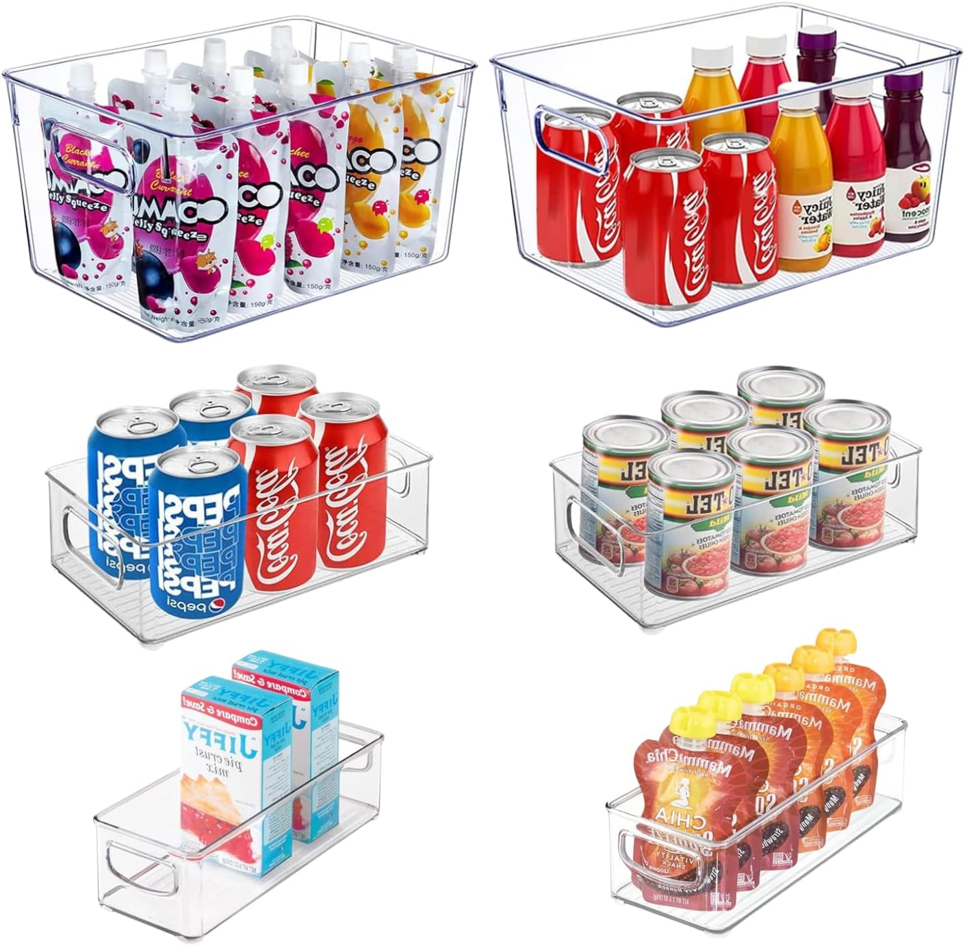 Stackable Refrigerator Organizer Large Bins, 6 Pack (3 Different Size) Clear Kitchen Organizer Container Bins with Handles for Pantry, Cabinets, Shelves, Drawer, Freezer, Fridge - Food Safe, BPA Free