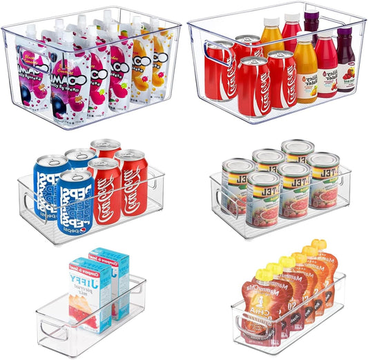 Stackable Refrigerator Organizer Large Bins, 6 Pack (3 Different Size) Clear Kitchen Organizer Container Bins with Handles for Pantry, Cabinets, Shelves, Drawer, Freezer, Fridge - Food Safe, BPA Free