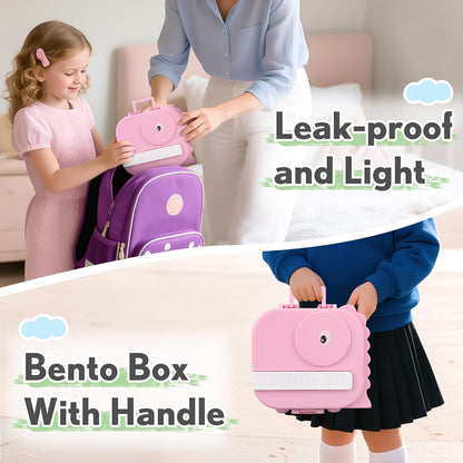 Lunch Box Kids with 5 Compartments, Insulated Food Jar & Utensils, Leak Proof Bento Box with Sauce Container, BPA-Free & Dishwasher Safe, Dinosaur Design(Purple)