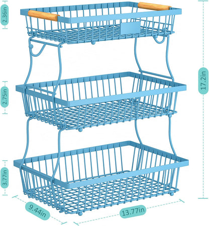 2 Tier Fruit Basket for Kitchen Counter with 2 Banana Hangers, Countertop Metal Bread Basket with Wooden Handle, Large Storage Stand for Vegetables, Snacks, Eggs, Produce Storage – Black