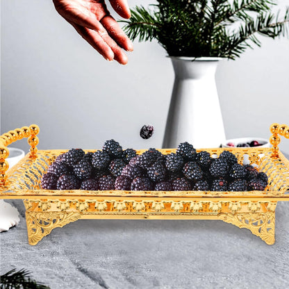 COLLBATH Nordic Style Fruit Plate with Handle 2Pc Metal Snack Serving Tray for Dried Fruits and Appetizers Elegant Gold Platter for Kitchen and Entertaining