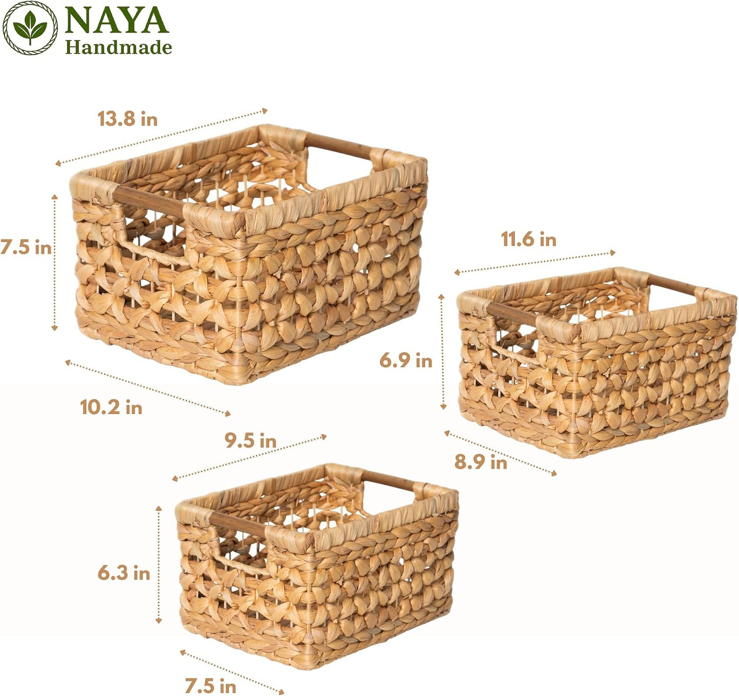 NAYA 11.6" Water Hyacinth Medium Wicker Shelf Basket – Storage Bin | Handwoven water hyacinth shelf basket with sturdy handles for pantry, towels and everyday home organization.