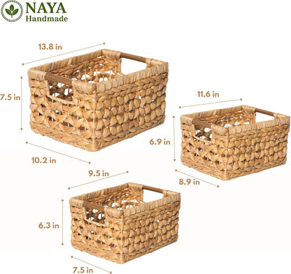 NAYA 11.6" Water Hyacinth Medium Wicker Shelf Basket – Storage Bin | Handwoven water hyacinth shelf basket with sturdy handles for pantry, towels and everyday home organization.